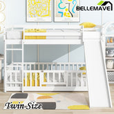 Bellemave® Twin Size Solid Pine Wood Floor Bunk Bed with Slide and Ladder, Door and Safety Guardrails - Bellemave